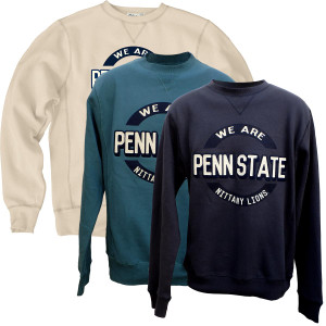 cappuccino, dark teal, and navy long sleeve crew sweatshirts with We Are arched above Penn State with Nittany Lions arched below